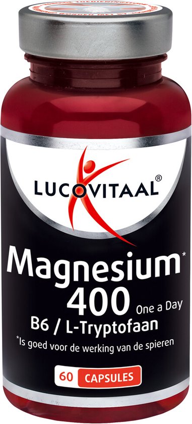 Rood supplementenblik met de tekst "Lucovitaal Magnesium 400 One a Day B6 / L-Tryptofaan" en "60 CAPSULES".