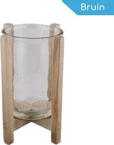 Lantaarn op houten voet van WDMT™ | ø 19 x 27,5 cm | Glazen kaarsenhouder met een houten frame | Lantaarn, windlicht of kaarsenhouder | Bruin