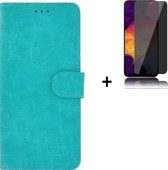 Samsung Galaxy F62/ M62 Hoesje - Samsung Galaxy F62/ M62 Privacy Screenprotector - Bookcase Wallet Turquoise Cover + Privacy Tempered Glass