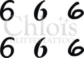Chloïs Glittertattoo Sjabloon - Number 6 - Multi Stencil - CH9752 - 1 stuks zelfklevend sjabloon met 6 kleine designs in verpakking - Geschikt voor 6 Tattoos - Nep Tattoo - Geschik