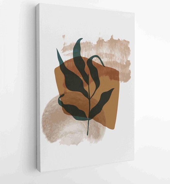 Botanical wall art vector set. Earth tone boho foliage line art drawing ...