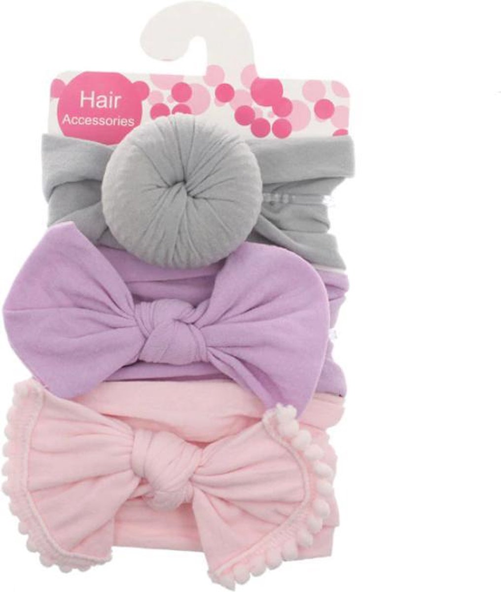 Fiory Baby Haarbandjes | Diadeem | Haarband | Haarband met Strik | Haarband met bol| set 3 stuks | grijs- lila- Lichtroze