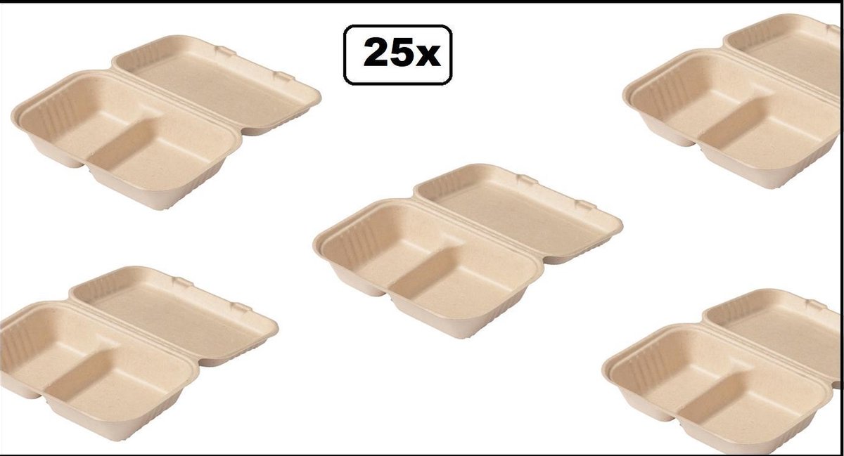 25x Lunchbox suikerrietpulp 2-vaks Next generation 250x165x70mm - menubox menu take away afhaal natuurlijke grondstoffen