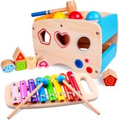 ZaCia Hamerbank en Xylofoon - 4-in-1 - Blokpuzzel - Hamerspel - Muziekspeelgoed Peuters - Vormsorteer puzzels - Educatiefpeelgoed  - Houten Speelgoed Xylofoon - Activiteiten kubus