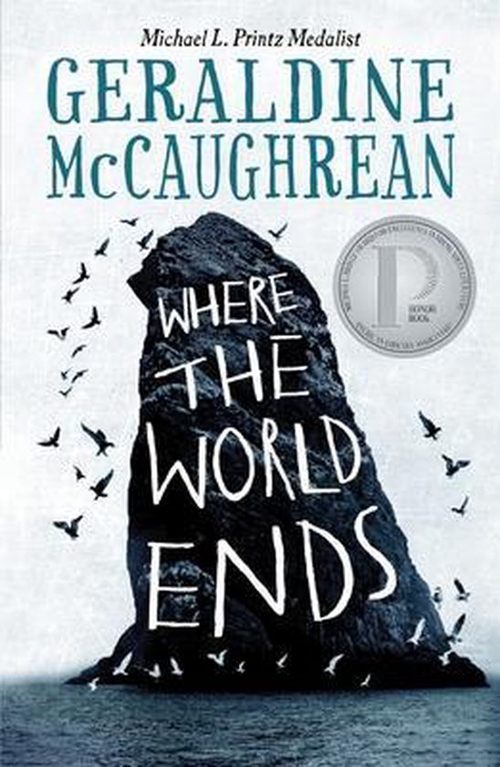 Livre 'Where the World Ends' de Geraldine McCaughrean avec une grande formation rocheuse et des oiseaux en vol.