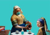 Vermeer corona / covid postkaarten - Set van 8 grappige kunst ansichtkaarten - Meisje met de Parel en het Melkmeisje in allerlei corona variaties: met mondmasker, 1,5 meter en voldoende toiletpapier