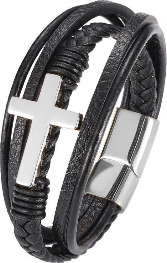 Leren Armband met Kruis - Cross Bracelet - Zwart met Zilver kleurig Kruis  (23cm) -... | bol.com