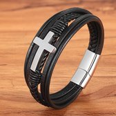 Armband Heren - Zwart Leer met Zilver kleurig Kruis - 23cm - Leren Armbanden - Cadeau voor Man - Mannen Cadeautjes
