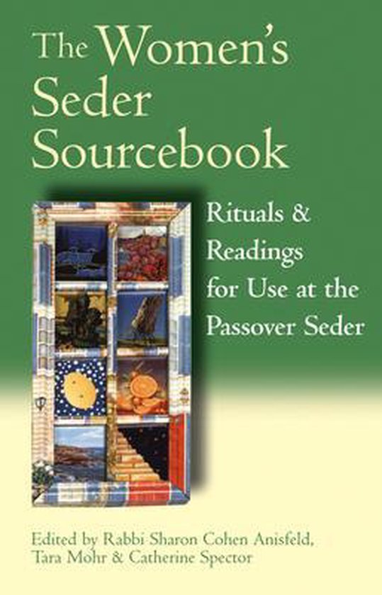 Boek "The Women's Seder Sourcebook" met afbeelding van een raam met negen kleine afbeeldingen van eten, landschap en de zon.