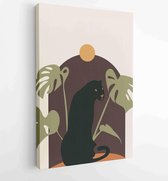 Abstract arts design with couple , desert, sun and cactus, black jaguar sunset and monstera leaves background. 1 - Moderne schilderijen – Vertical – 1870255144 - 115*75 Vertical