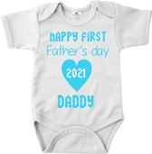 Vaderdag cadeau rompertje-Happy first father's day 2021-wit-blauw-korte mouw-Maat 74