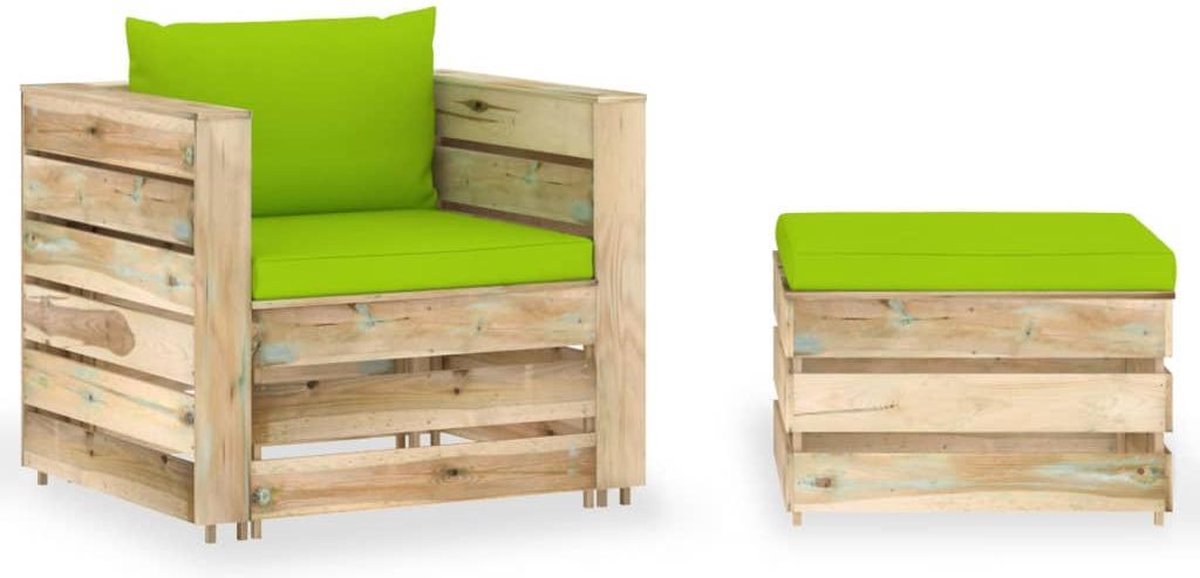 vidaXL 2-delige - Loungeset - met - kussens - groen - geïmpregneerd - hout Felgroen en bruin