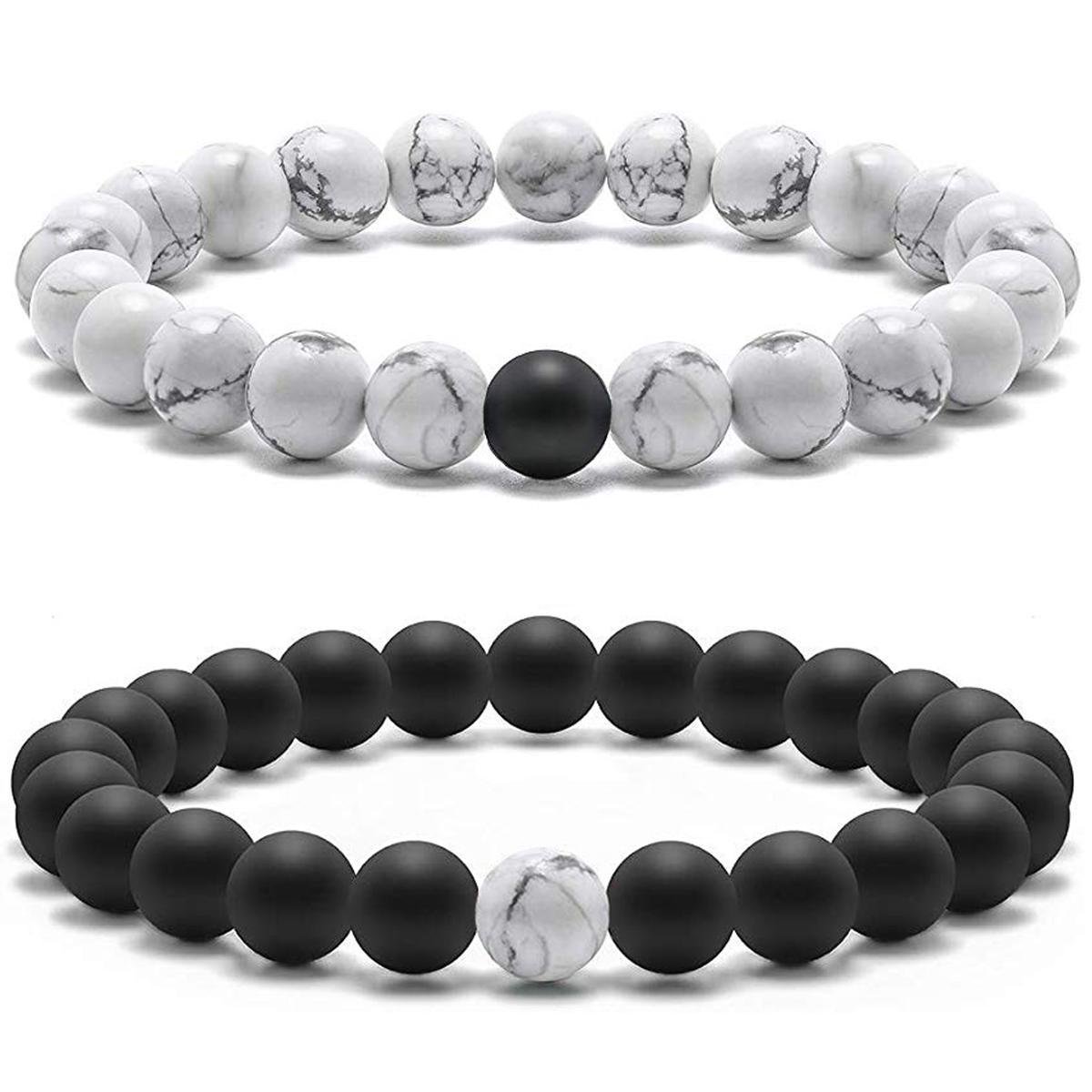 Victorious Set Natuurstenen Kralen Armbanden – Heren Armband - Dames Armband - Zwart/Wit – 17cm