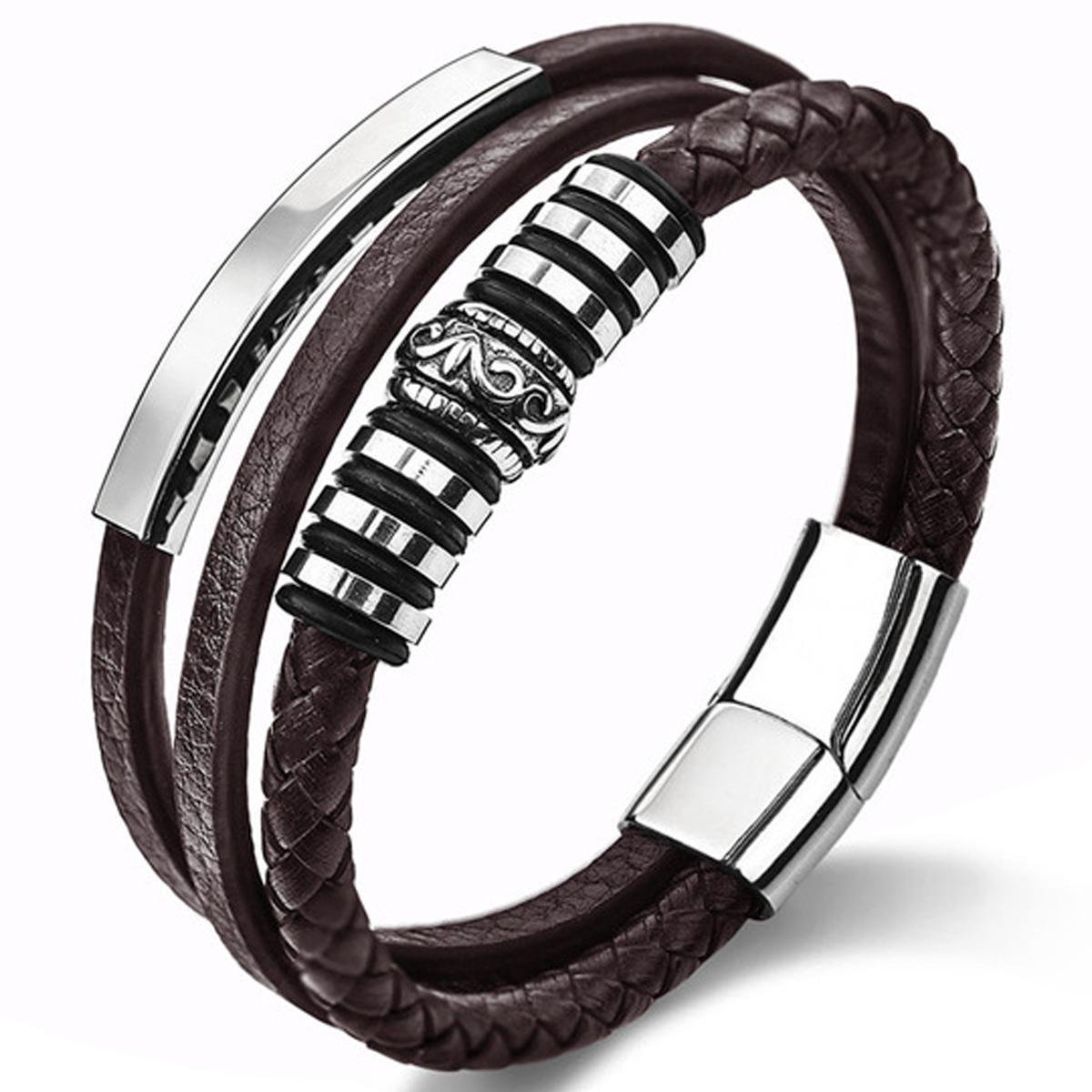 Victorious Bruin Leren Armband Heren – Bruin Leer en Roestvrij Staal – Bruin/Zilver – 18.5cm