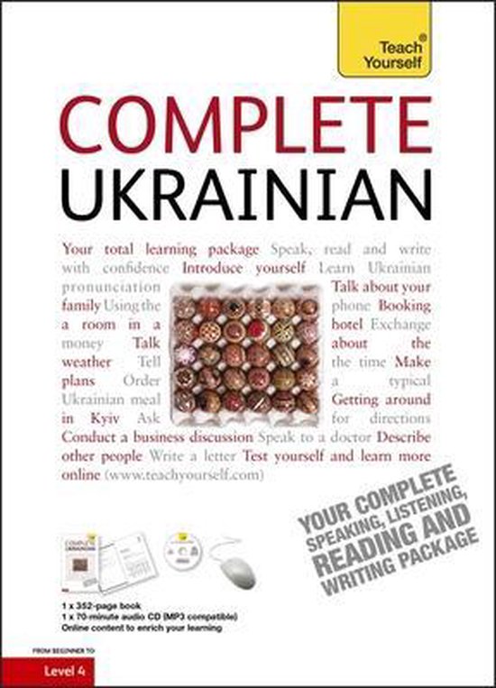 Boekomslag van 'Complete Ukrainian', met de titel in rode en zwarte letters. Bevat leermateriaal en een 352-pagina's tellend boek.