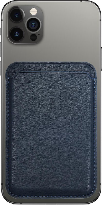 Porte-cartes magnétique bleu marine en cuir PU, attaché à une coque de téléphone grise.