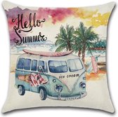 Sierkussen compleet - Jupiter Huismerk - Hello Summer - Ibiza Style - 45x45cm - Inclusief kussenvulling - VW - Voorkant kleurrijk bedrukt - Achterkant effen beige (linnenlook)