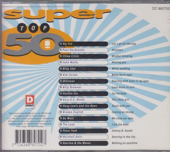 Super Top 50 albumcover met een lijst met artiesten en nummers, en het Disky logo.