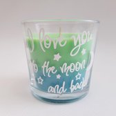 Groen en blauwe geur kaars (limoen en mint) met de tekst "I love you to the moon and back!"