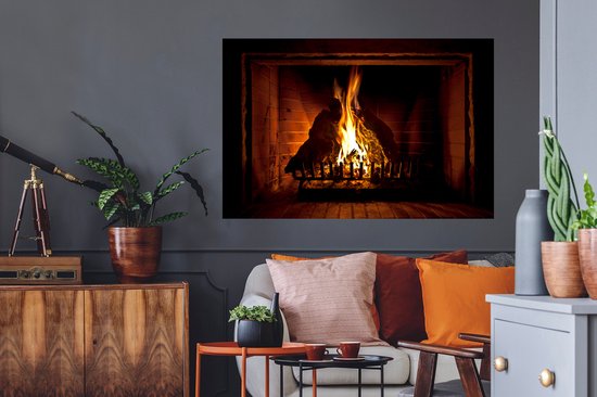 Sticker Muursticker Cheminées - Cheminée à hautes flammes - 120x80 cm - Film adhésif autocollant - Sticker mural repositionnable