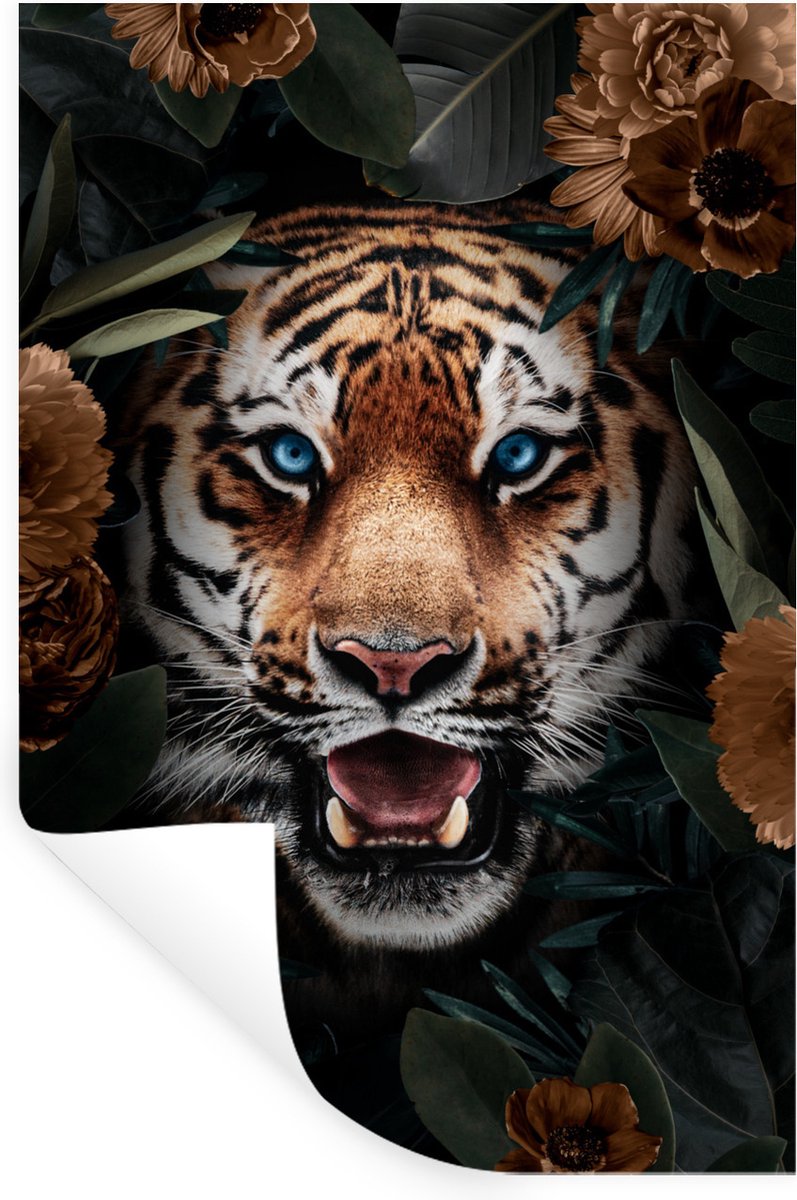 Muurstickers - Sticker Folie - Tijger - Bloemen - Bruin - 60x90 cm - Plakfolie - Muurstick