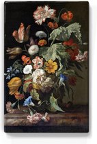 Schilderij - Stilleven met bloemen - Rachel Ruysch - 19,5 x 30 cm - Niet van echt te onderscheiden handgelakt schilderijtje op hout - Mooier dan een print op canvas.
