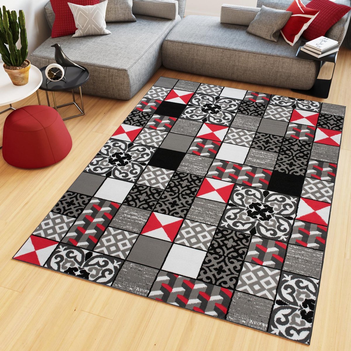 Tapiso Maya Vloerkleed Grijs Rood Laagpolig Tapijten Maat- 130x190