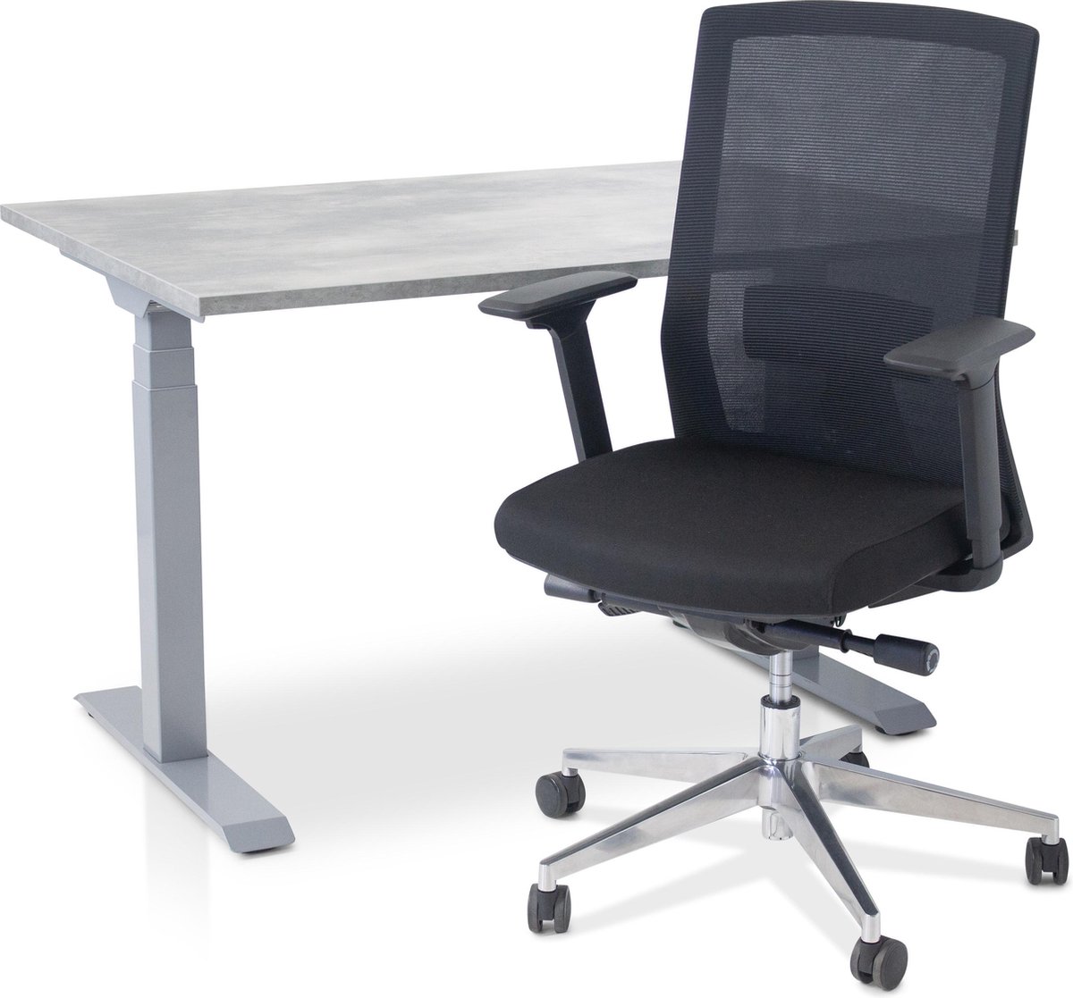 Zit-sta bureau elektrisch verstelbaar + ERGO Bureaustoel | NEN-EN 527 PRO Thuiswerkset | frame bureau aluminium - bureaublad betonlook | 140x80 cm