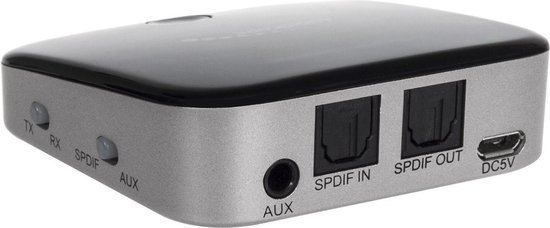 Zijkant van de zwarte Audiocore Bluetooth 2-in-1 adapter met TX, RX, SPDIF, AUX en micro USB poort.