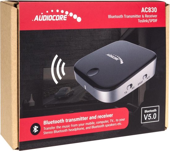 Doos van de Audiocore AC830 Bluetooth zender/ontvanger met afbeelding van de adapter en informatie.