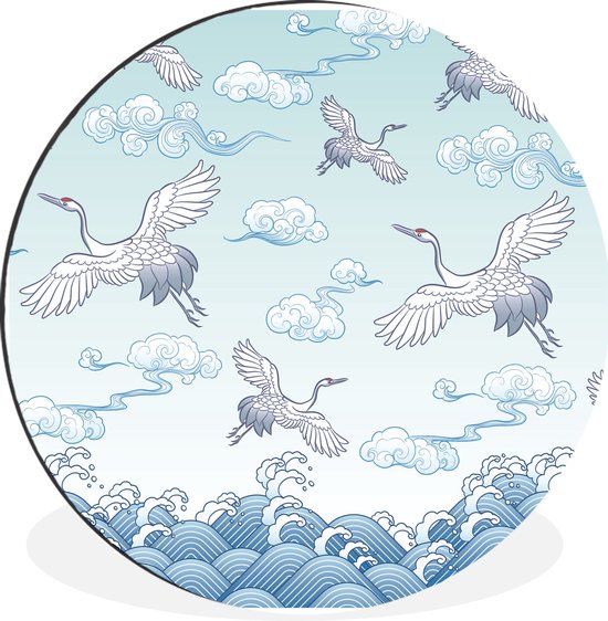 WallCircle - Wandcirkel - Muurcirkel - Schildering van Chinese kraanvogels - Aluminium - Dibond - ⌀ 30 cm - Binnen en Buiten