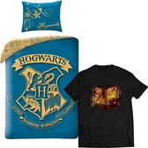 Harry Potter Dekbedovertrek- Katoen- 1persoons- 140x200- Dekbed Hogwarts Logo -Blauw, incl. zwart T-shirt met Toverspreuken-boek mt 5/6