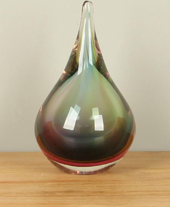 Beeld uit glas S-45, glassculptuur, glazen druppel meerkleurig, glasdruppel