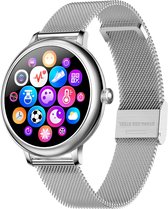 Belesy® CHARMING - Smartwatch Dames - Horloge - 1.3 inch - Kleurenscherm - Stappenteller - Bloeddruk - Hartslag - Maak je eigen watchfaces - Staal – Zilver - Moederdag