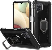 Voor Samsung Galaxy A12 5G koolstofvezel beschermhoes met 360 graden roterende ringhouder (zwart)