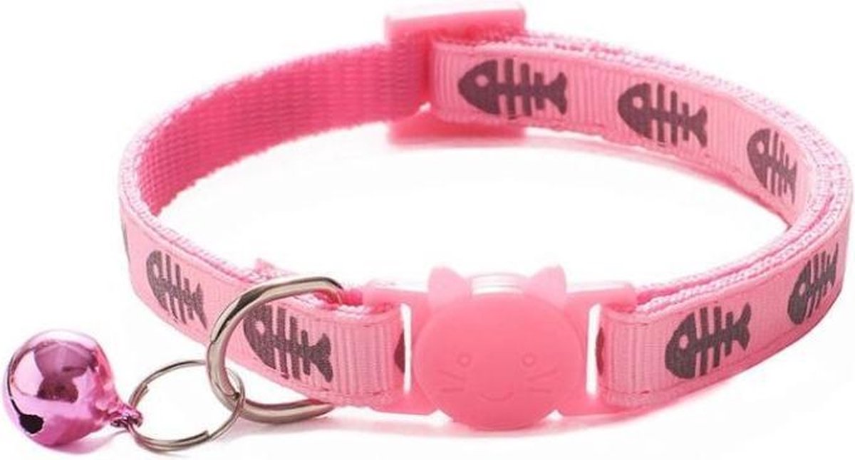 Grannies - kattenhalsband Snoppe - kattenbandje met bel - halsband kat of hond - belletje - reflecterend - veiligheidssluiting - visgraat - roze