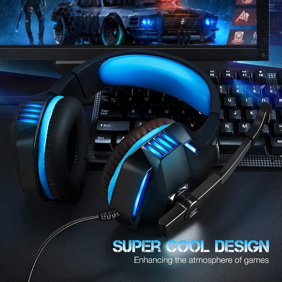 Gaming Headset met Microfoon LED Stereo - Over Ear headset - Xbox One+PS4+PS5 - Blauw