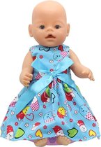 Dolldreams - Poppenkleding: Blauw jurkje met strik geschikt voor babypop zoals Baby Born - Met Molang konijn, hartjes en bloemetjes - Meisje pop