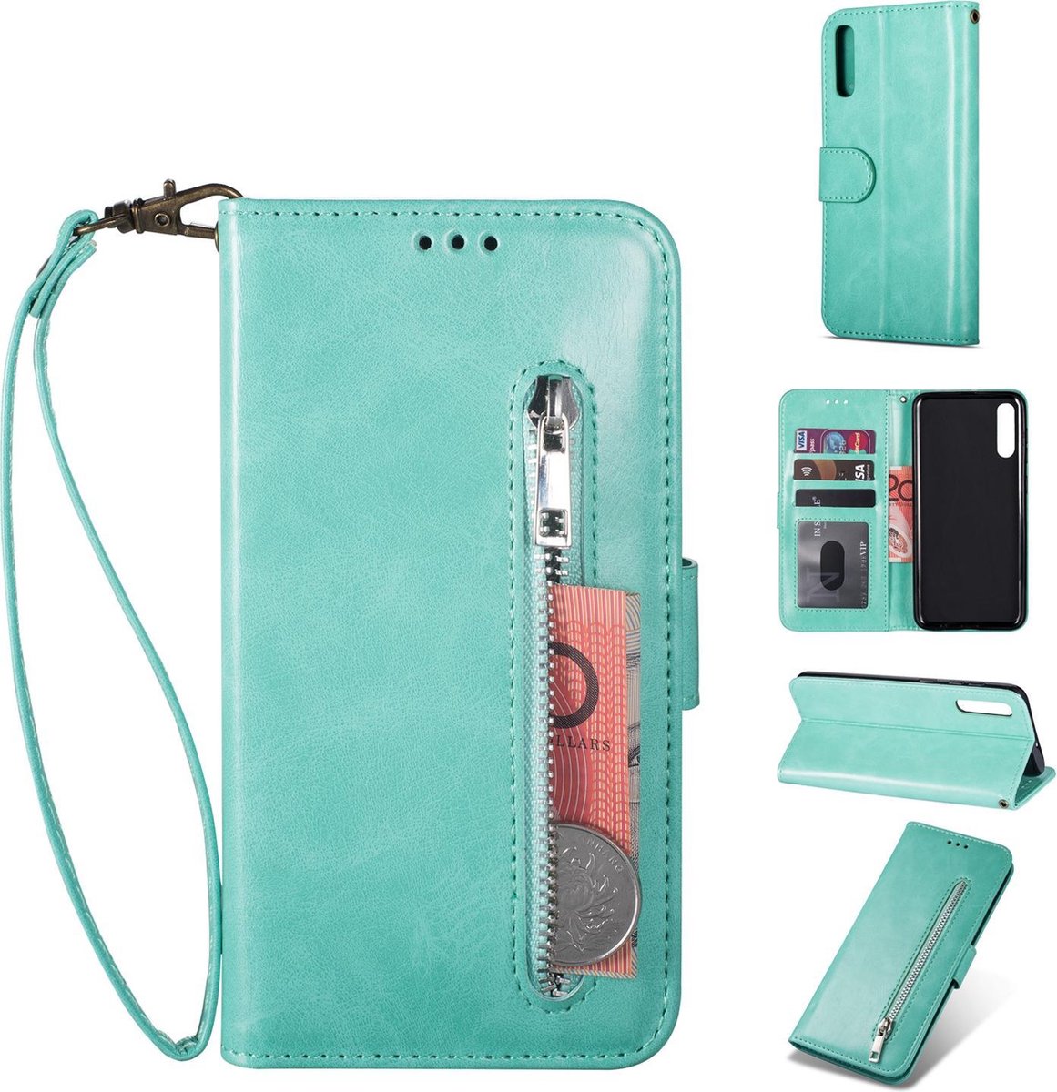 Luxe Telefoonhoesje voor Samsung Galaxy A50 | Hoogwaardig Leren Bookcase | Lederen Wallet Case | Pasjeshouder | Portemonnee | Rits | Groen