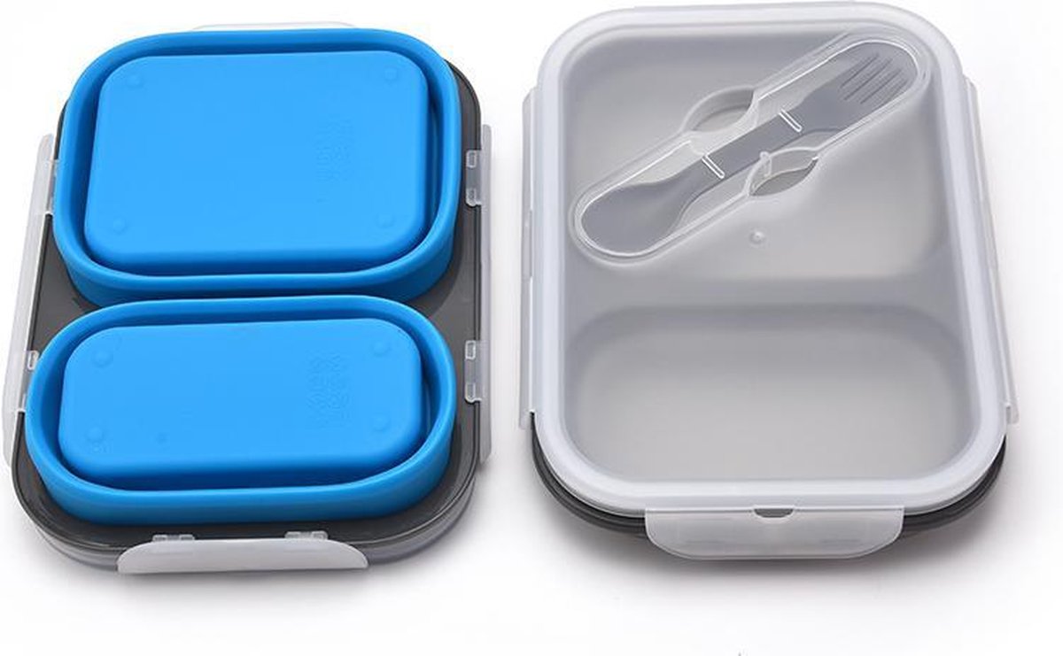 Lunchbox / Bento box - Inklapbaar met twee vakken - Inclusief Spork - Blauw
