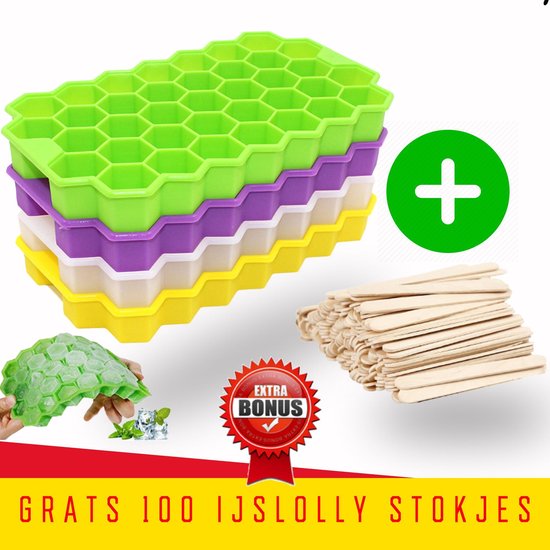 TammaT - ijsblokjesvorm - Met GRATIS 100 ijslolly stokjes hout - ijsblokjesvorm met deksel - 4 delig