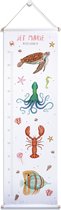 Groeimeter zeedieren met naam - zeeschildpad octopus kreeft vis - Gepersonaliseerde meetlat van stof - kraamcadeau - Dieren in aquarel geschilderd door Mies - 40 x 140 cm