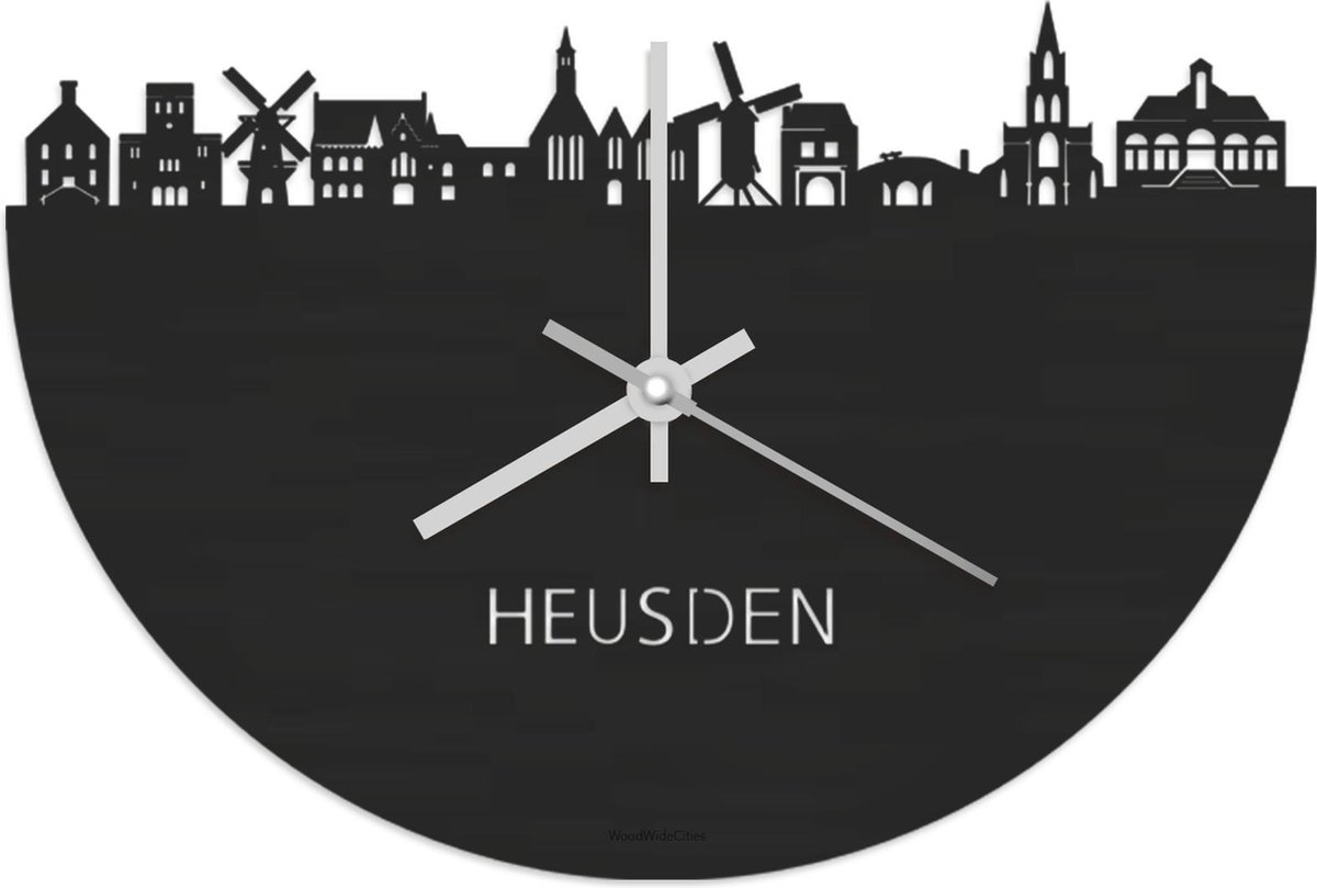 Skyline Klok Heusden Zwart hout - Ø 40 cm - Stil uurwerk - Wanddecoratie - Meer steden beschikbaar - Woonkamer idee - Woondecoratie - City Art - Steden kunst - Cadeau voor hem - Cadeau voor haar - Jubileum - Trouwerij - Housewarming - WoodWideCities