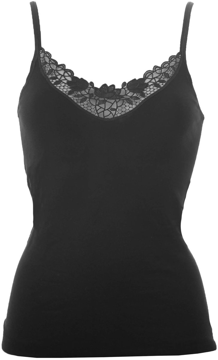 Dames hemd modal, kant - Comfortabele Vrouwen singlet - Spaghetti bandjes - 42 - Zwart
