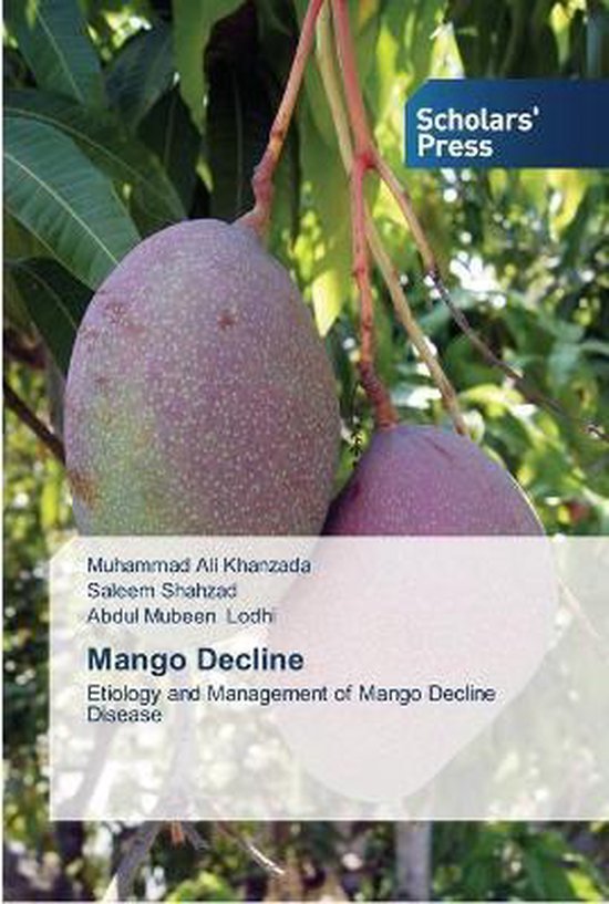 Couverture de livre avec deux mangues violettes et le titre 'Mango Decline'.