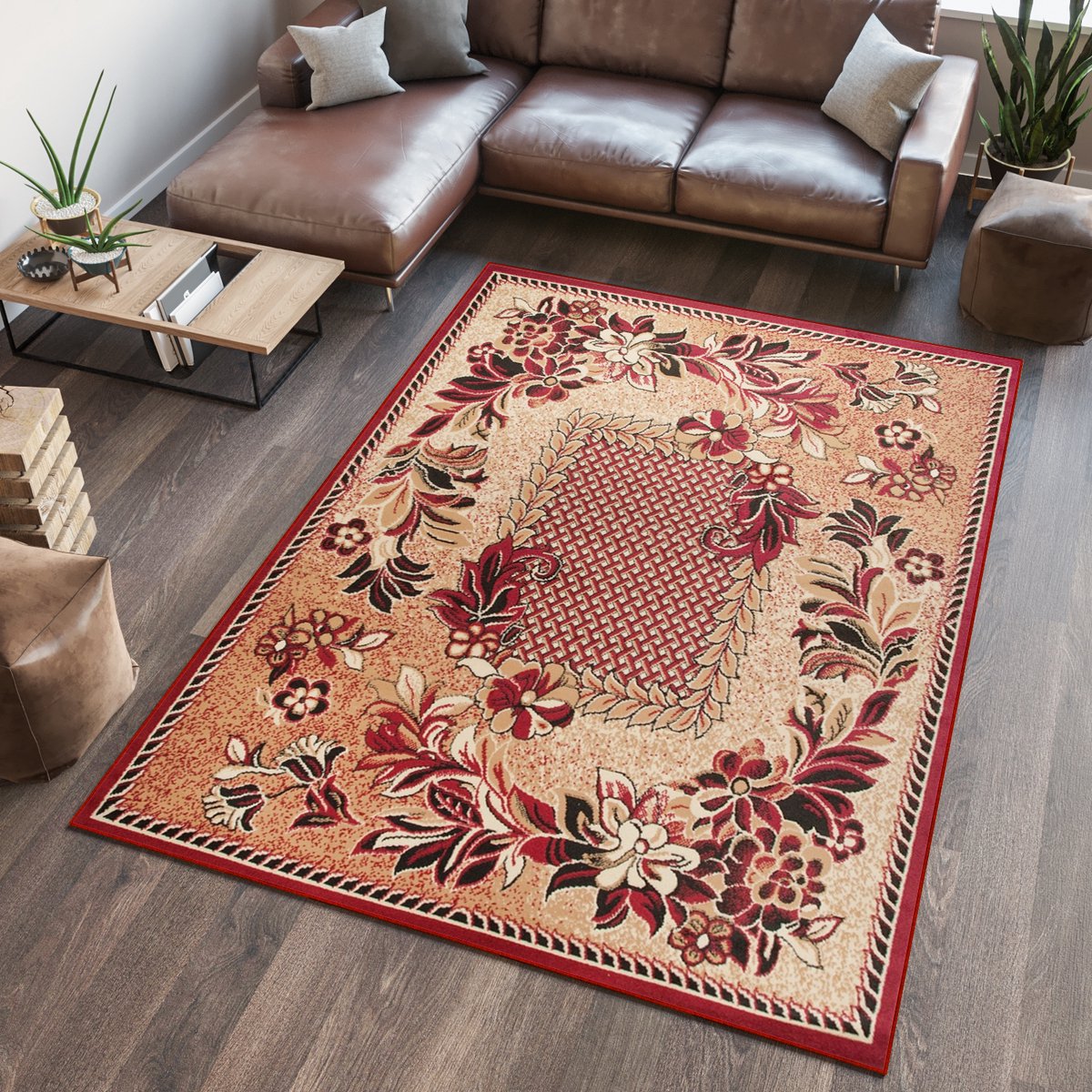 Tapiso Atlas PP Vloerkleed Rood Beige Woonkamer Kleed Tapijt Maat- 60x100