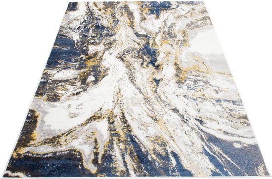 Tapiso Shine Tapis Salon Chambre Blauw Crème Or Moderne Poil Bas Abstrait Durable Tapis de Haute Qualité Taille - 80 x 150 cm