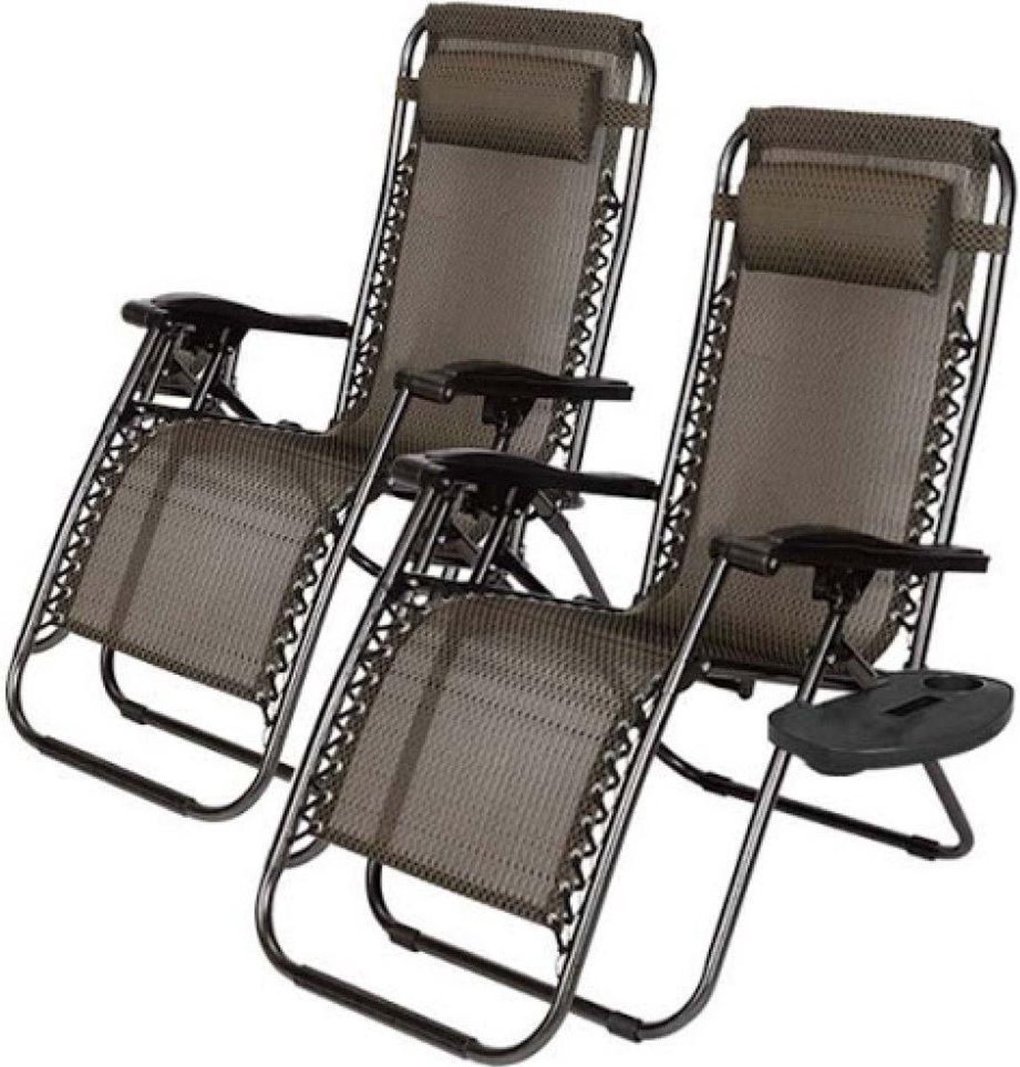 Tuinstoel - Ligstoel - Relax stoel - Zonnestoelen - Bekerhouder - Grijs - Set van 2 stuks - Strandstoel - T i m e l e s s