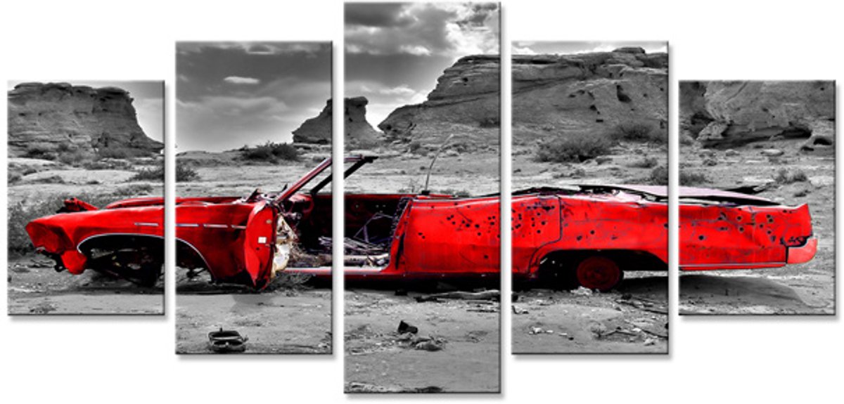 karo-art Schilderij - Rode Oldtimer, 200x100 cm. 5 luik, wanddecoratie Multikleur
