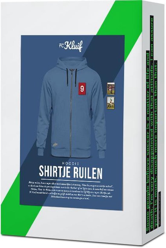 Verpakking van een blauw vest met rits, met op de voorkant een afbeelding van het vest en twee applicaties.